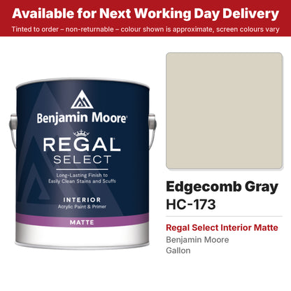 Benjamin Moore Edgecomb Gray HC-173 Regal Select Interior Matte colour swatch and tin