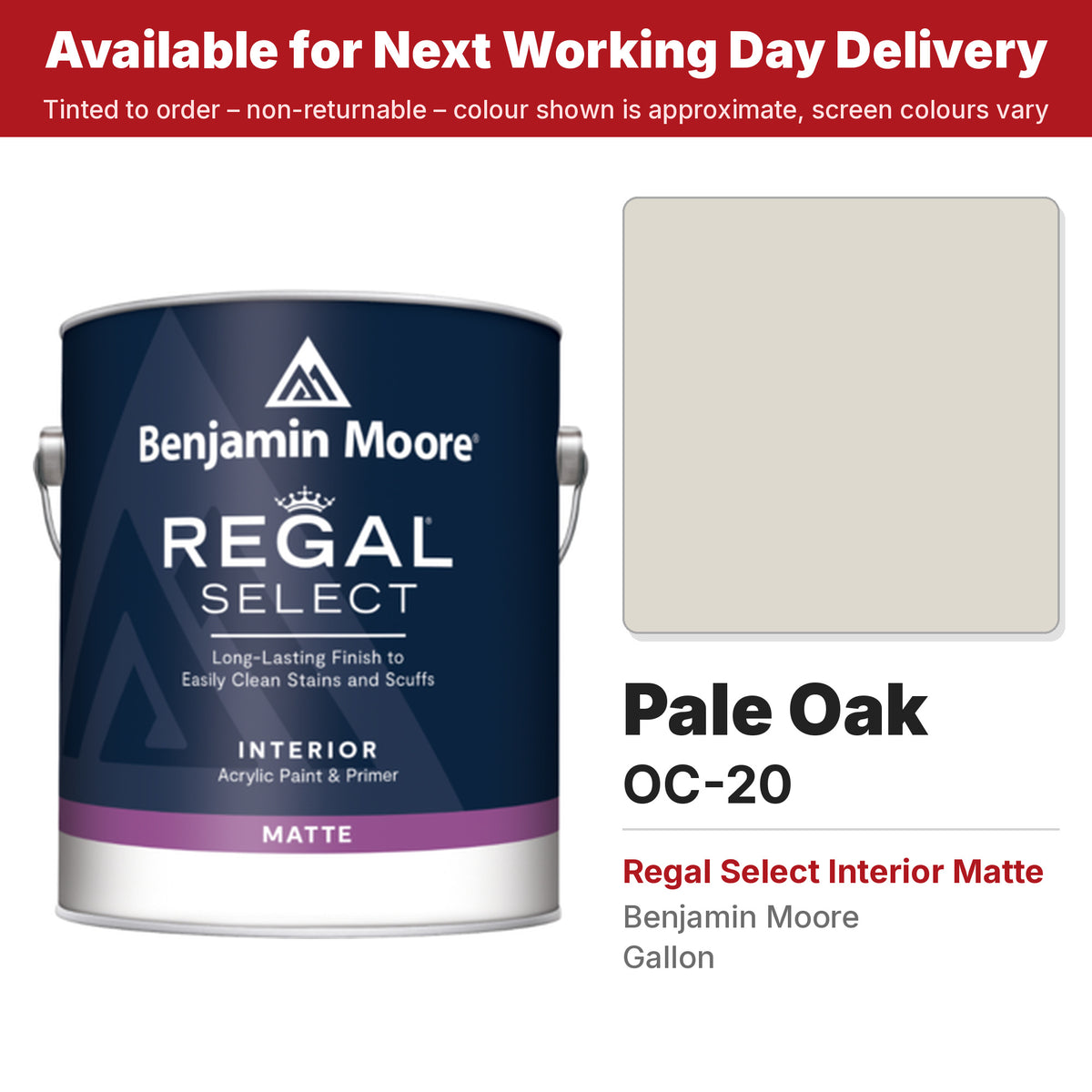 Benjamin Moore Pale Oak OC-20 Regal Select Interior Matte colour swatch and tin