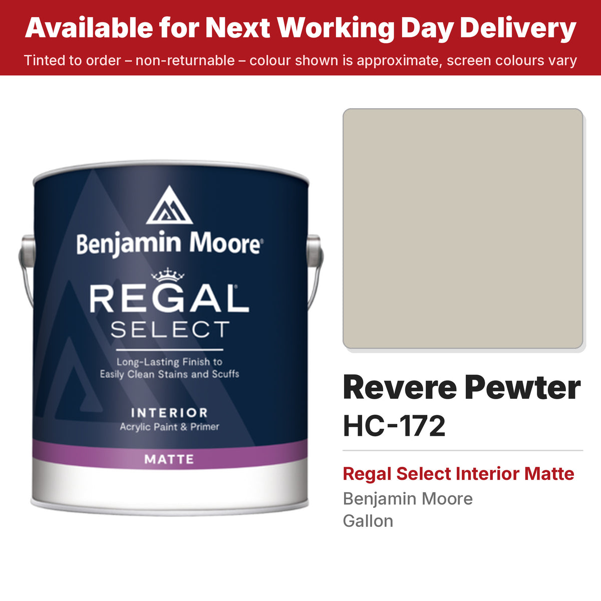 Benjamin Moore Revere Pewter HC-172 Regal Select Interior Matte colour swatch and tin