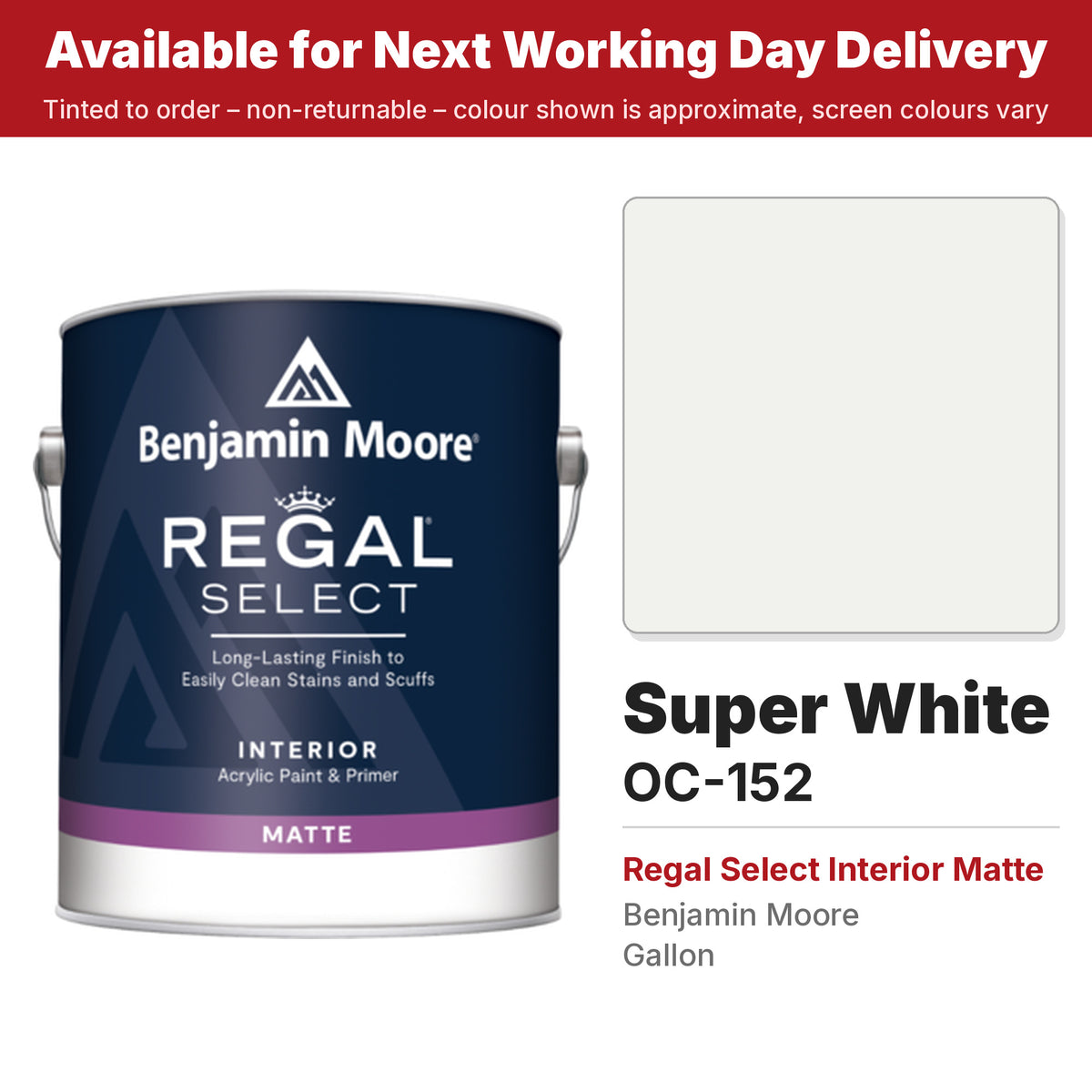 Benjamin Moore Super White OC-152 Regal Select Interior Matte colour swatch and tin