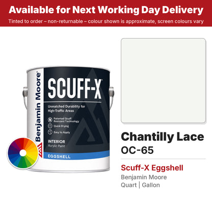 Benjamin Moore Chantilly Lace OC-65 Scuff-X Eggshell colour swatch and tin