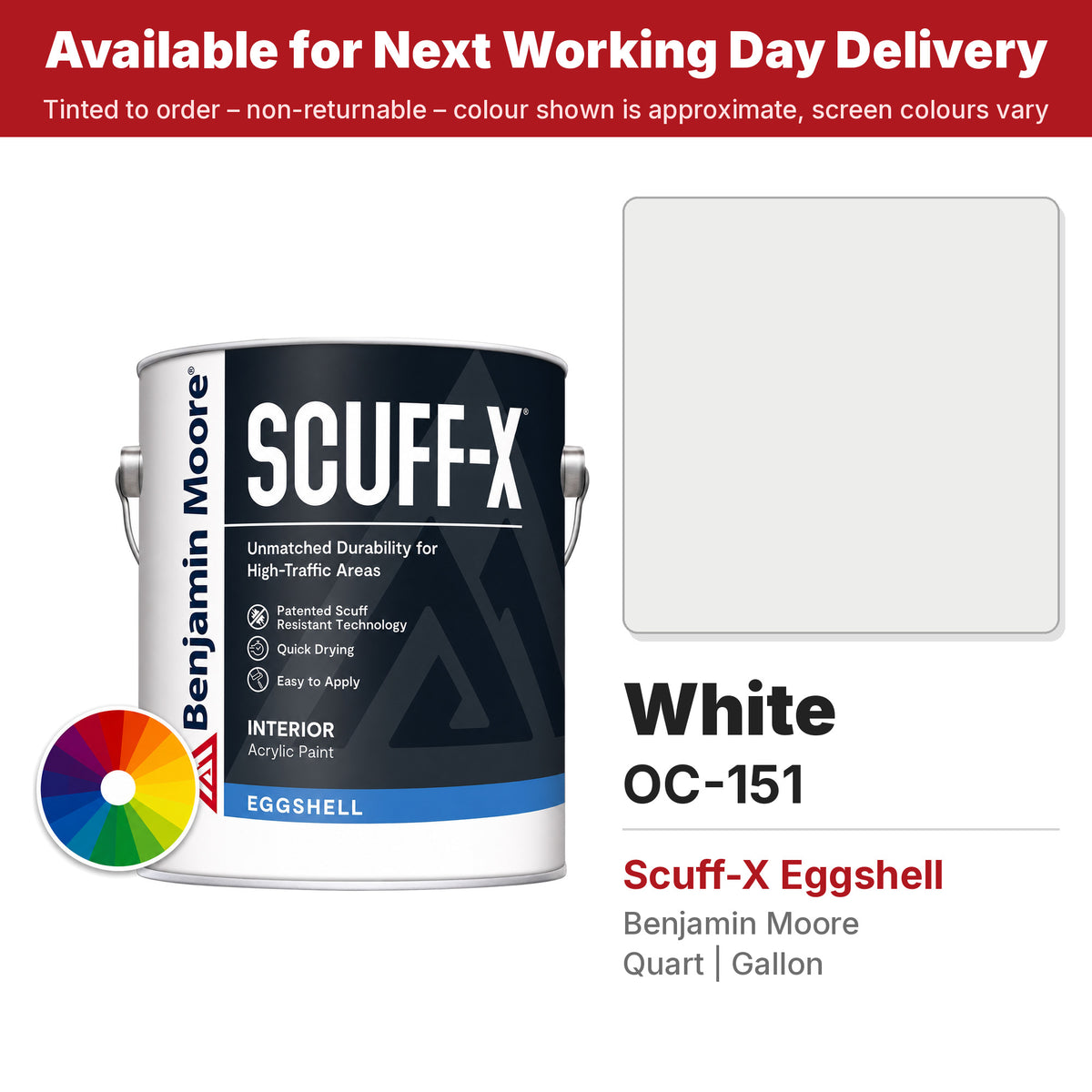 Benjamin Moore White OC-151 Scuff-X Eggshell colour swatch and tin