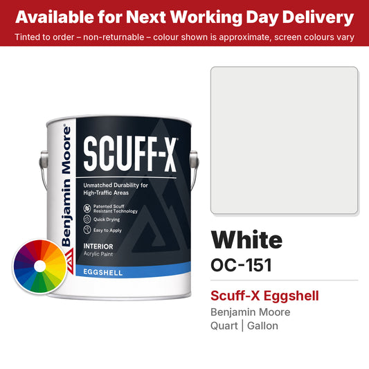 Benjamin Moore White OC-151 Scuff-X Eggshell colour swatch and tin