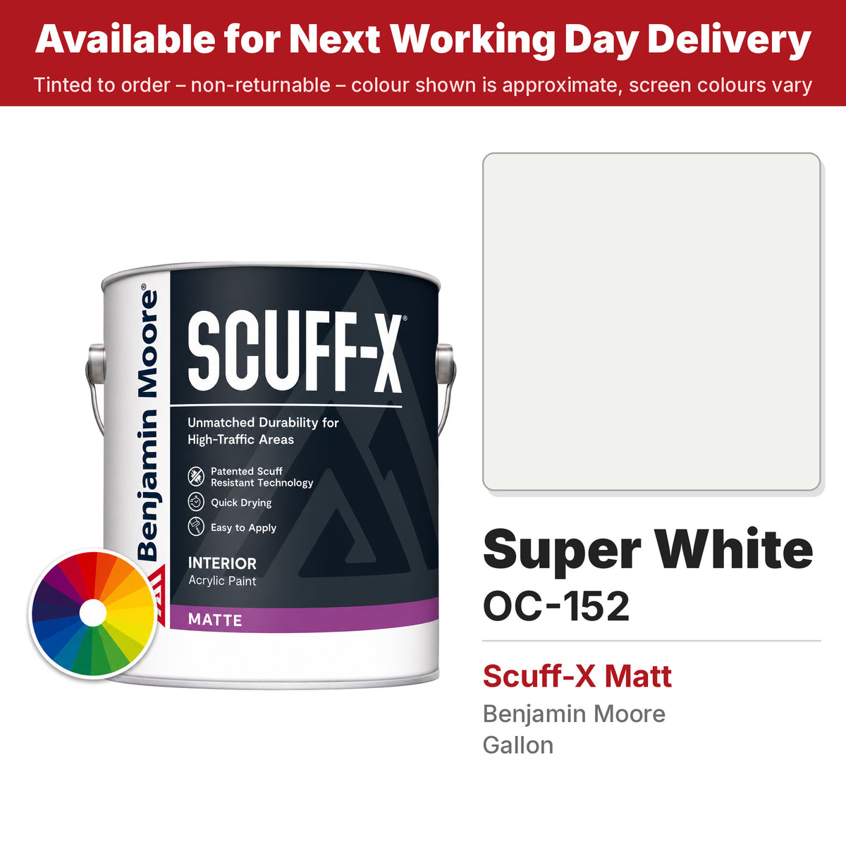 Benjamin Moore Super White OC-152 Scuff-X Matt colour swatch and tin