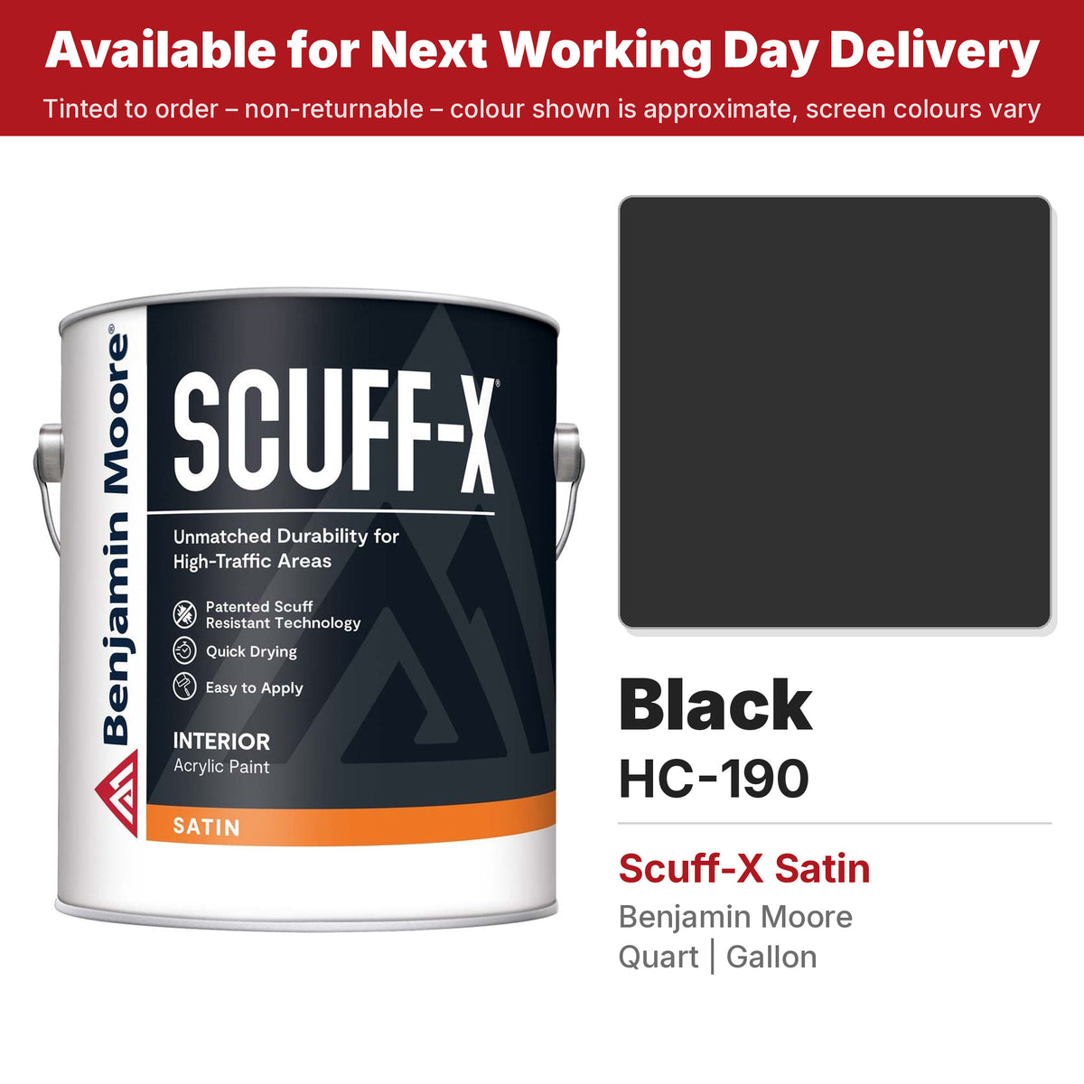 Benjamin Moore Black HC-190 Scuff-X Satin colour swatch and tin