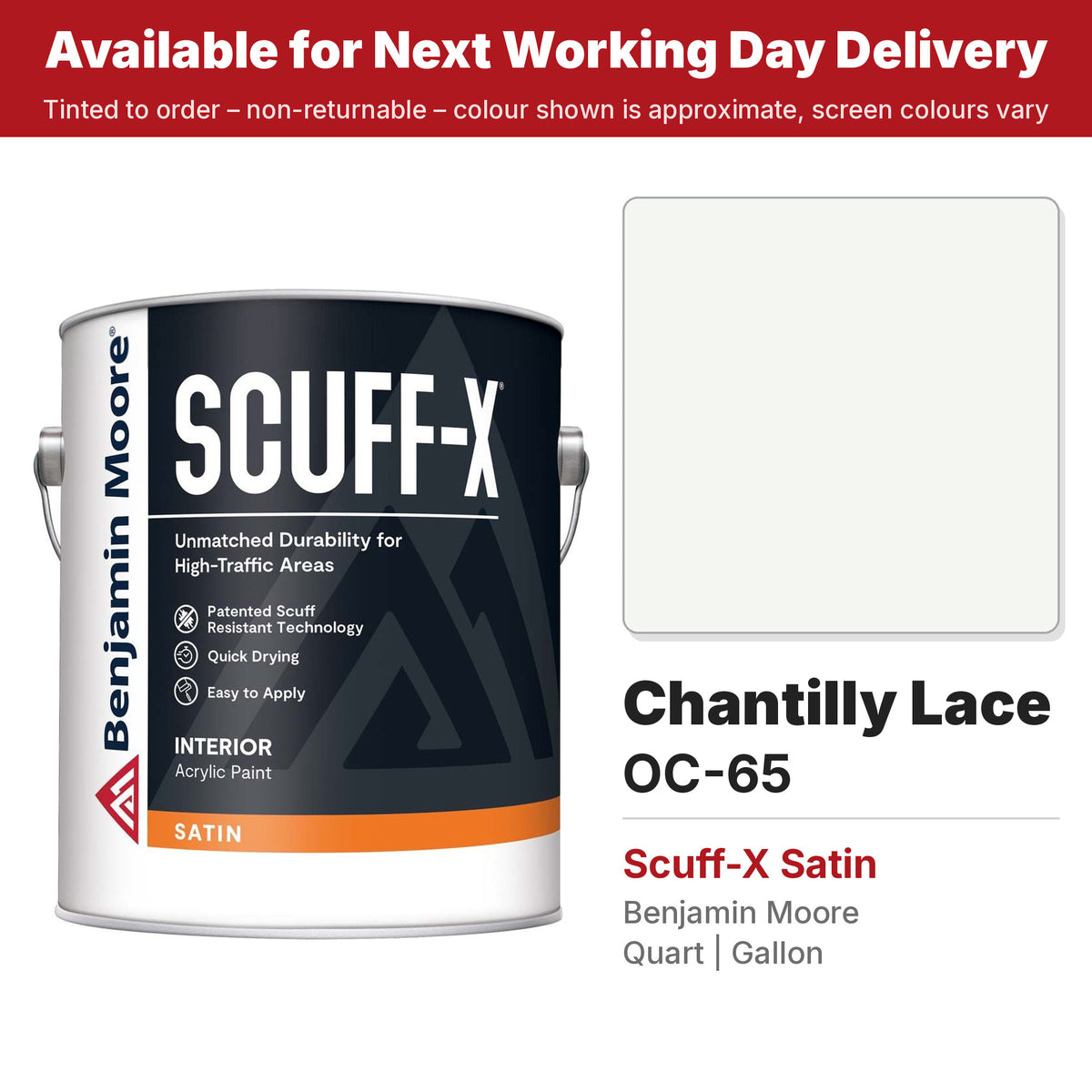 Benjamin Moore Chantilly Lace OC-65 Scuff-X Satin colour swatch and tin
