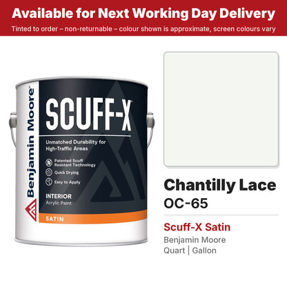 Benjamin Moore Chantilly Lace OC-65 Scuff-X Satin colour swatch and tin