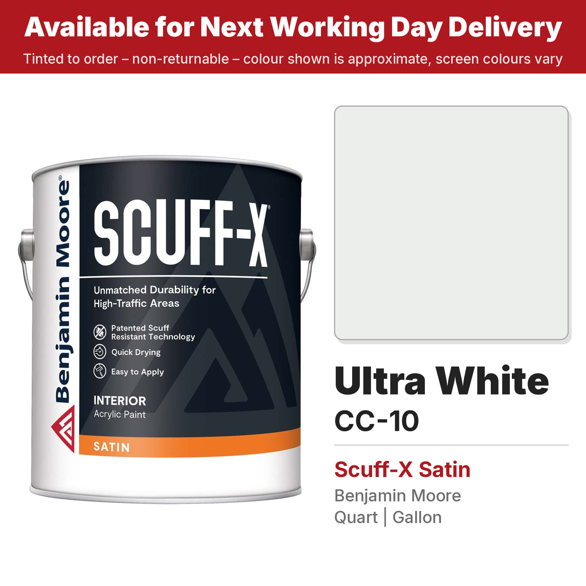 Benjamin Moore Ultra White CC-10 Scuff-X Satin colour swatch and tin