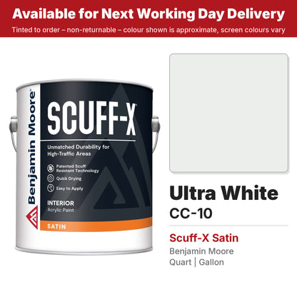 Benjamin Moore Ultra White CC-10 Scuff-X Satin colour swatch and tin