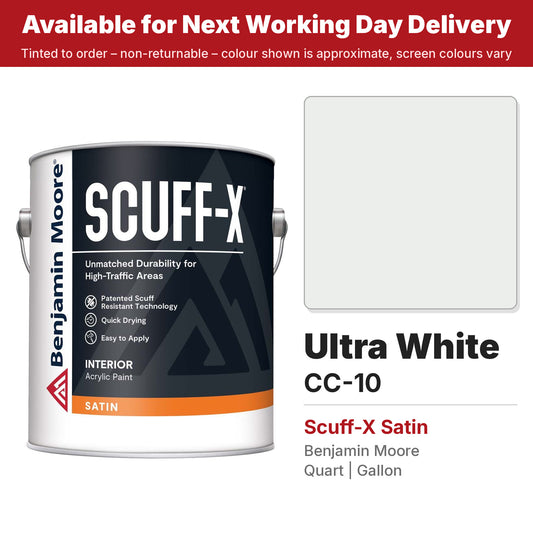 Benjamin Moore Ultra White CC-10 Scuff-X Satin colour swatch and tin