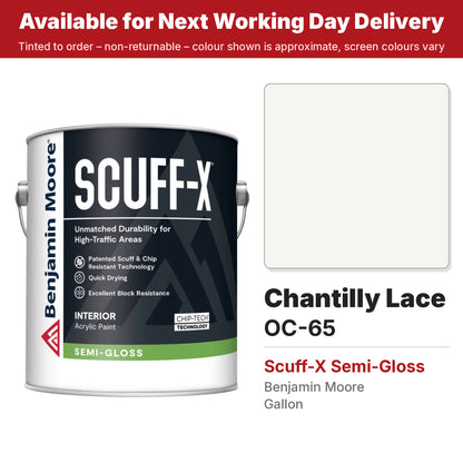 Benjamin Moore Chantilly Lace OC-65 Scuff-X Semi-Gloss colour swatch and tin