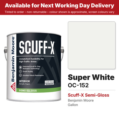 Benjamin Moore Super White OC-152 Scuff-X Semi-Gloss colour swatch and tin