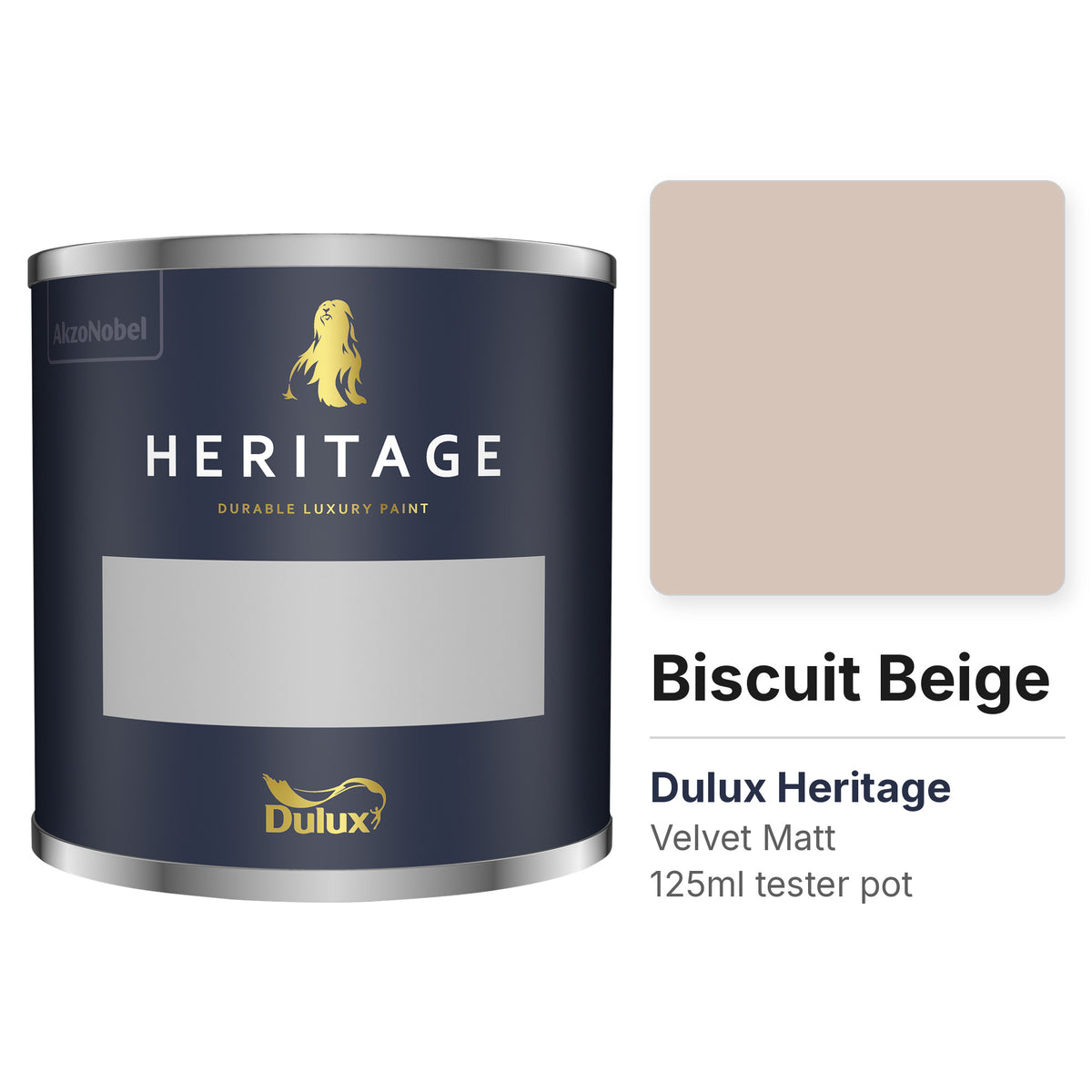Dulux Heritage Biscuit Beige 125ml tester pot and colour swatch