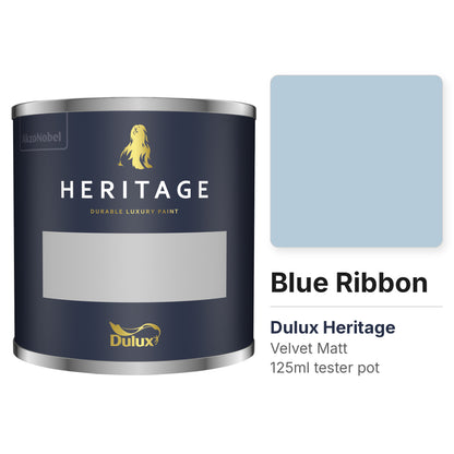 Dulux Heritage Blue Ribbon 125ml tester pot and colour swatch