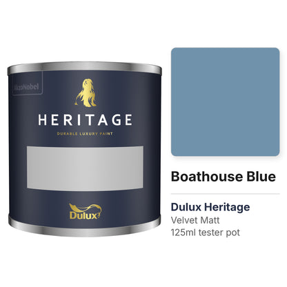 Dulux Heritage Boathouse Blue 125ml tester pot and colour swatch