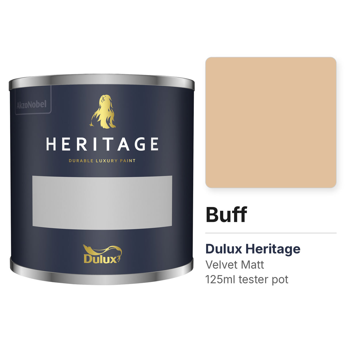 Dulux Heritage Buff 125ml tester pot and colour swatch