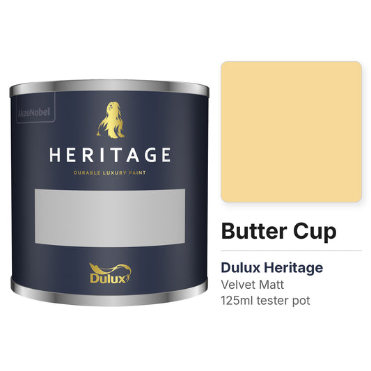 Dulux Heritage Butter Cup 125ml tester pot and colour swatch
