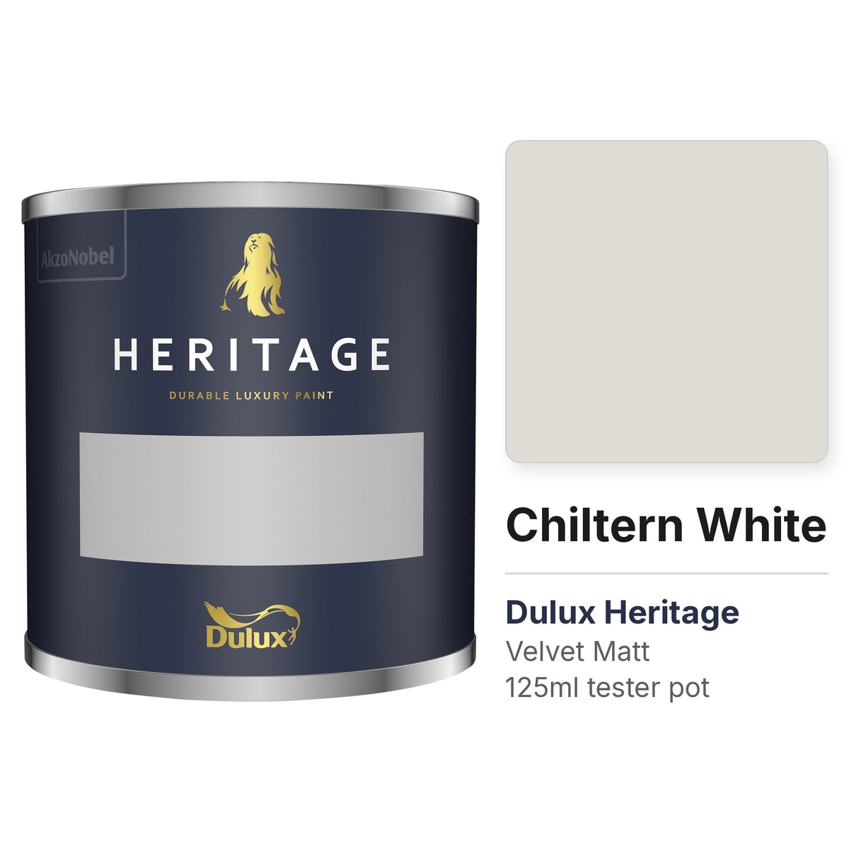 Dulux Heritage Chiltern White 125ml tester pot and colour swatch