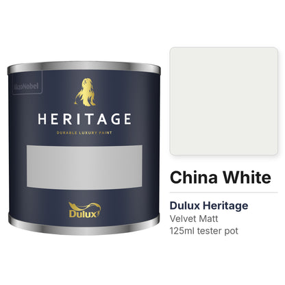 Dulux Heritage China White 125ml tester pot and colour swatch