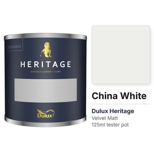Dulux Heritage China White 125ml tester pot and colour swatch
