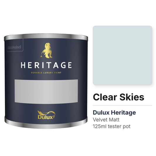 Dulux Heritage Clear Skies 125ml tester pot and colour swatch