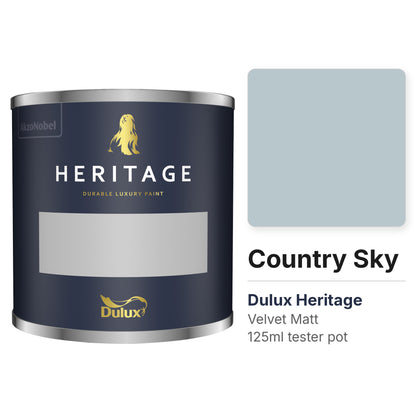 Dulux Heritage Country Sky 125ml tester pot and colour swatch