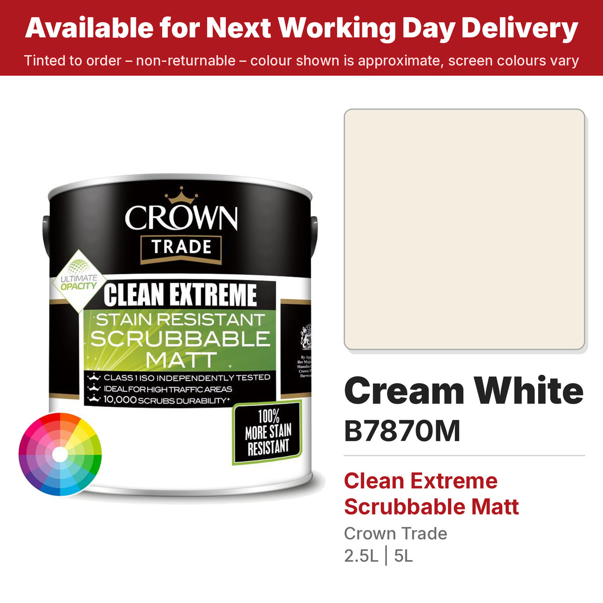 Crown Trade Clean Extreme Scrubbable Matt Cream White colour swatch and tin