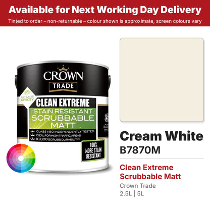 Crown Trade Clean Extreme Scrubbable Matt Cream White colour swatch and tin