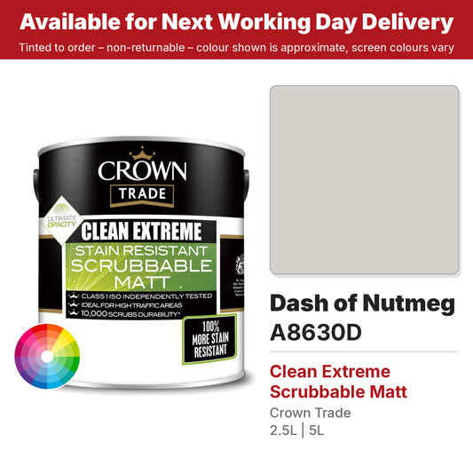 Crown Trade Clean Extreme Scrubbable Matt Dash of Nutmeg colour swatch and tin