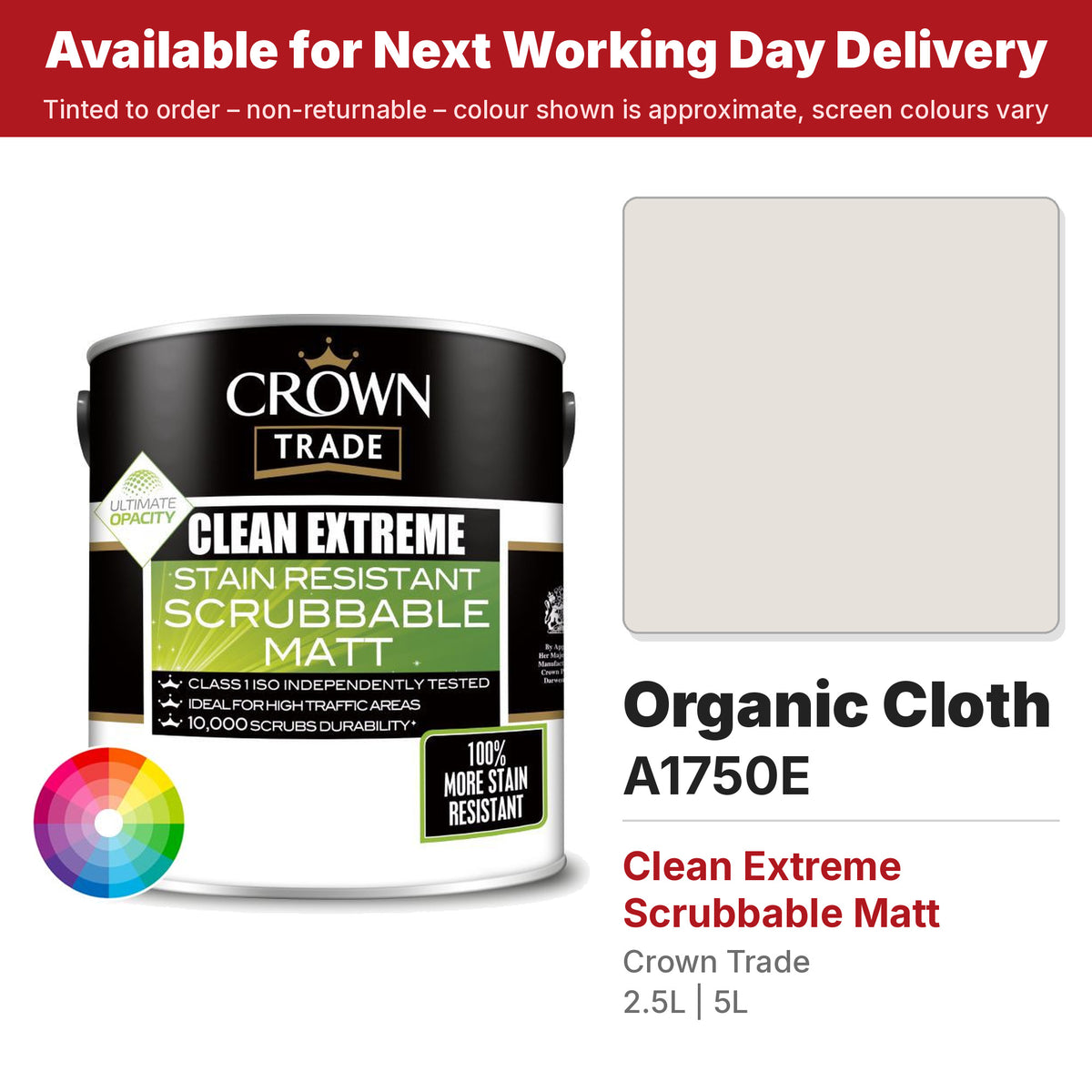 Crown Trade Clean Extreme Scrubbable Matt Organic Cloth colour swatch and tin