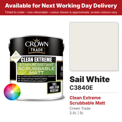 Crown Trade Clean Extreme Scrubbable Matt Sail White colour swatch and tin