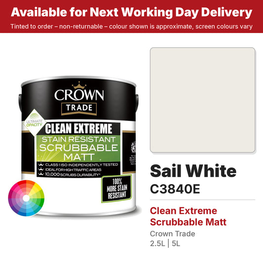 Crown Trade Clean Extreme Scrubbable Matt Sail White colour swatch and tin