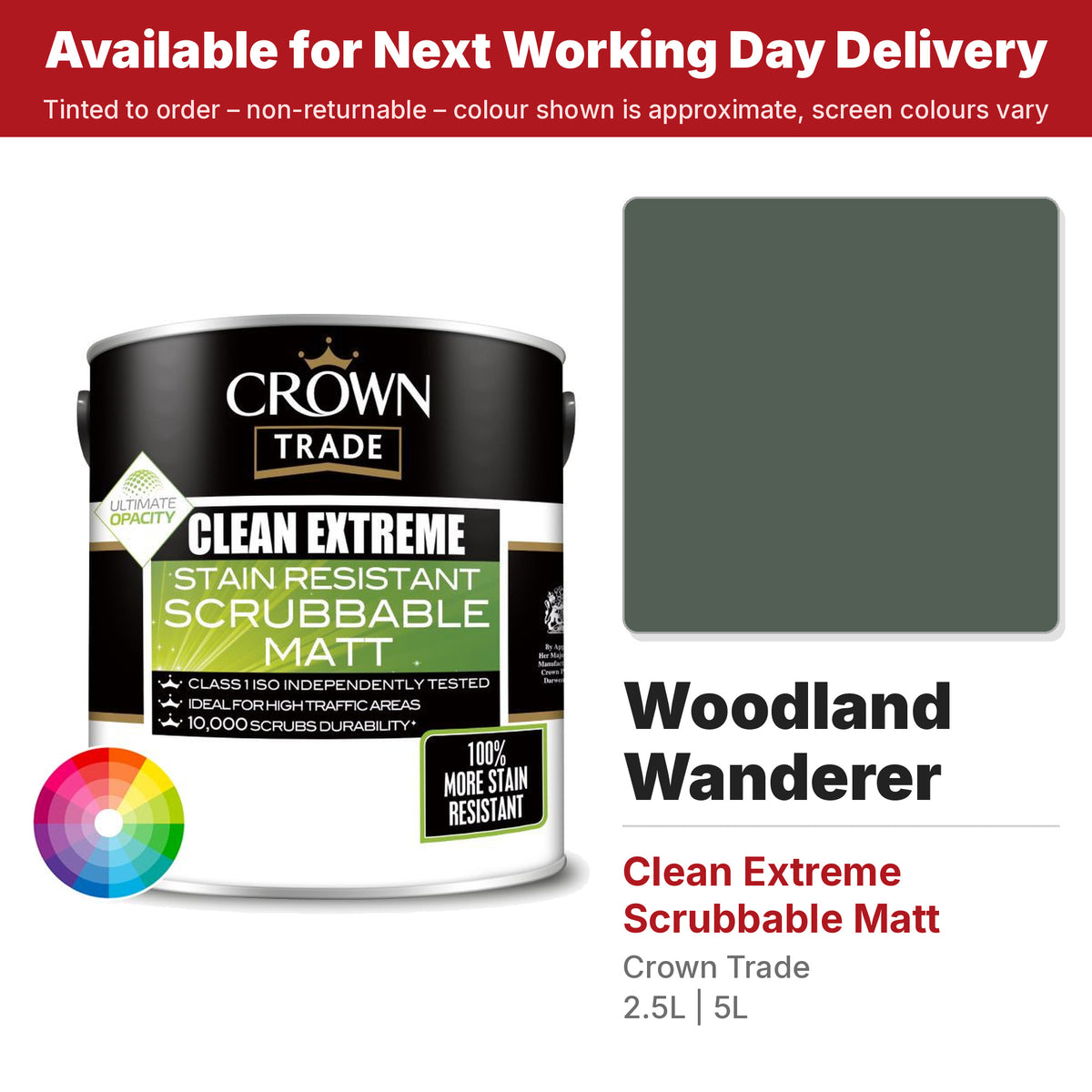 Crown Trade Clean Extreme Scrubbable Matt Woodland Wanderer colour swatch and tin