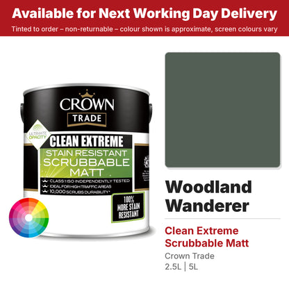 Crown Trade Clean Extreme Scrubbable Matt Woodland Wanderer colour swatch and tin