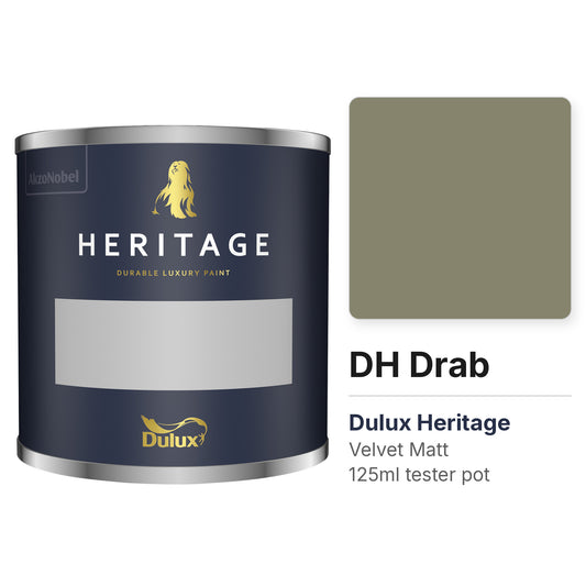 Dulux Heritage DH Drab 125ml tester pot and colour swatch