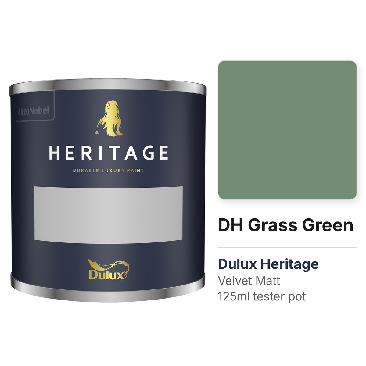 Dulux Heritage DH Grass Green 125ml tester pot and colour swatch