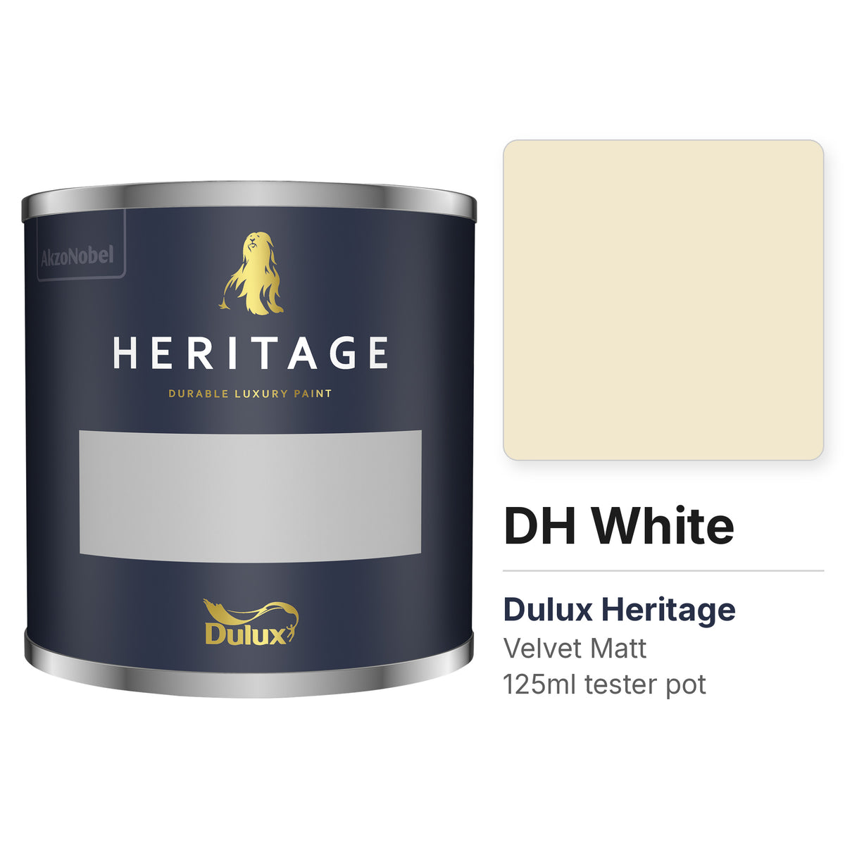 Dulux Heritage DH White 125ml tester pot and colour swatch