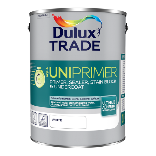Dulux Trade Aqua UniPrimer White 5L tin - water-based primer, sealer, stain block and undercoat