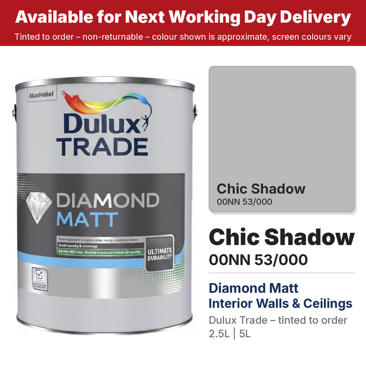 Dulux Trade Diamond Matt tin with Chic Shadow colour swatch (#BABAB9)