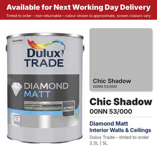 Dulux Trade Diamond Matt tin with Chic Shadow colour swatch (#BABAB9)