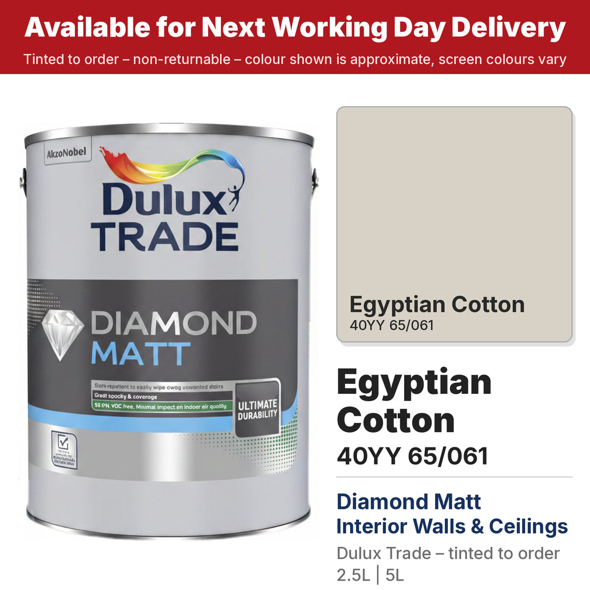 Dulux Trade Diamond Matt tin with Egyptian Cotton colour swatch (#D8D1C5)