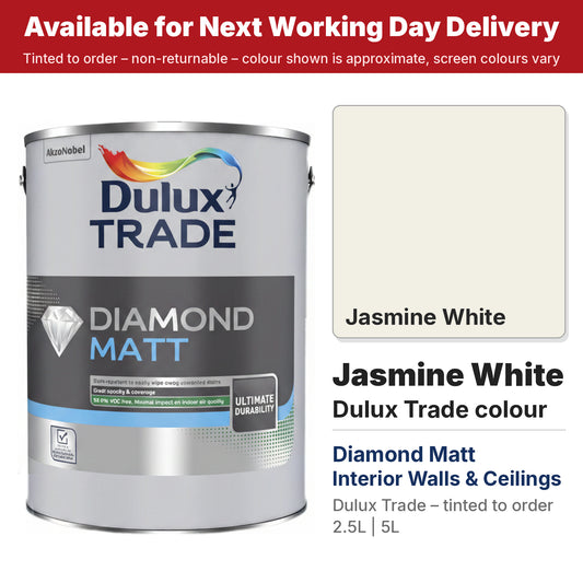 Dulux Trade Diamond Matt tin with Jasmine White colour swatch (#F2EFE5)