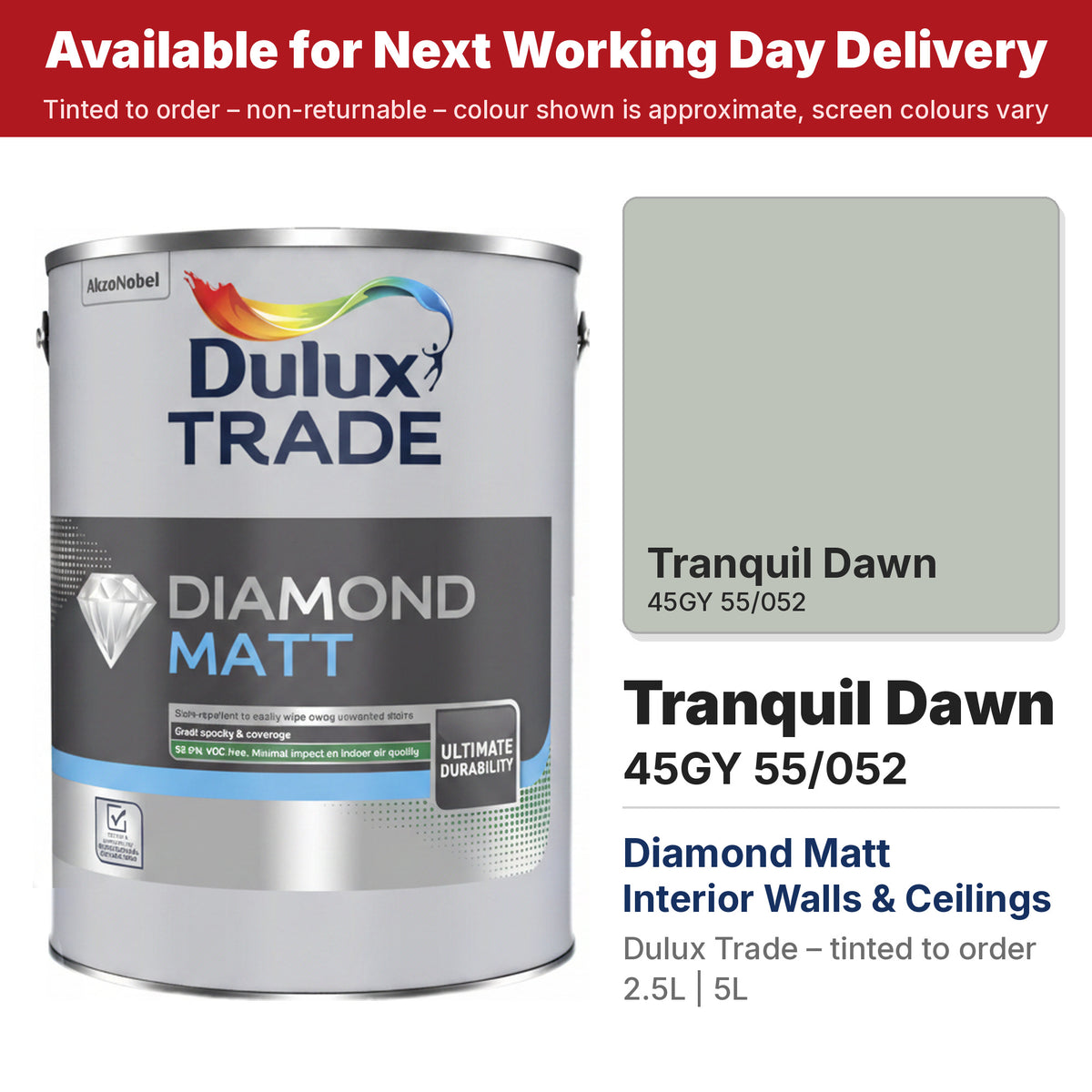Dulux Trade Diamond Matt tin with Tranquil Dawn colour swatch (#BDC3B9)
