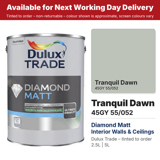 Dulux Trade Diamond Matt tin with Tranquil Dawn colour swatch (#BDC3B9)