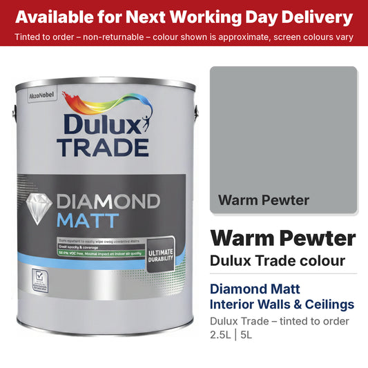 Dulux Trade Diamond Matt tin with Warm Pewter colour swatch (#A2A5A5)