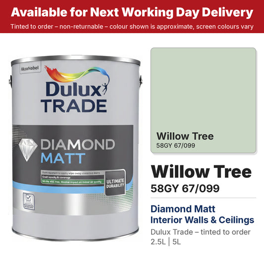 Dulux Trade Diamond Matt tin with Willow Tree colour swatch (#C9D7C4)