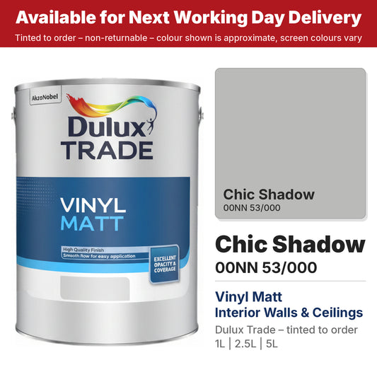Dulux Trade Vinyl Matt tin with Chic Shadow colour swatch (#BABAB9)