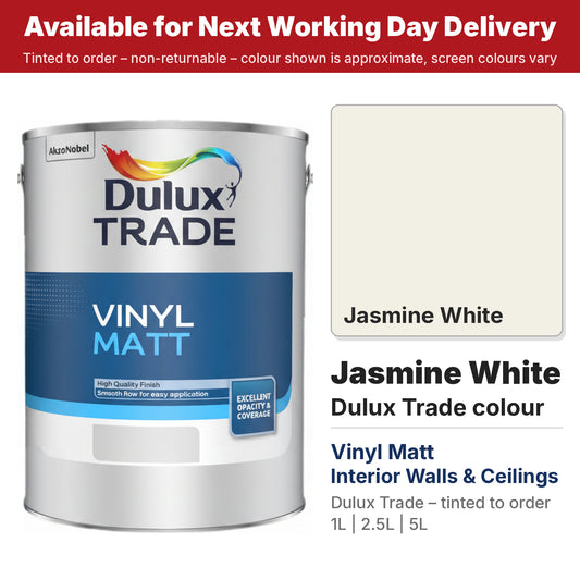 Dulux Trade Vinyl Matt tin with Jasmine White colour swatch (#F2EFE5)