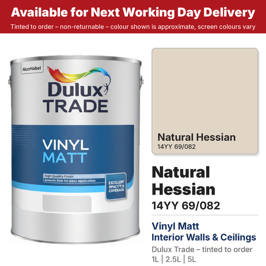 Dulux Trade Vinyl Matt tin with Natural Hessian colour swatch (#E1D5C6)