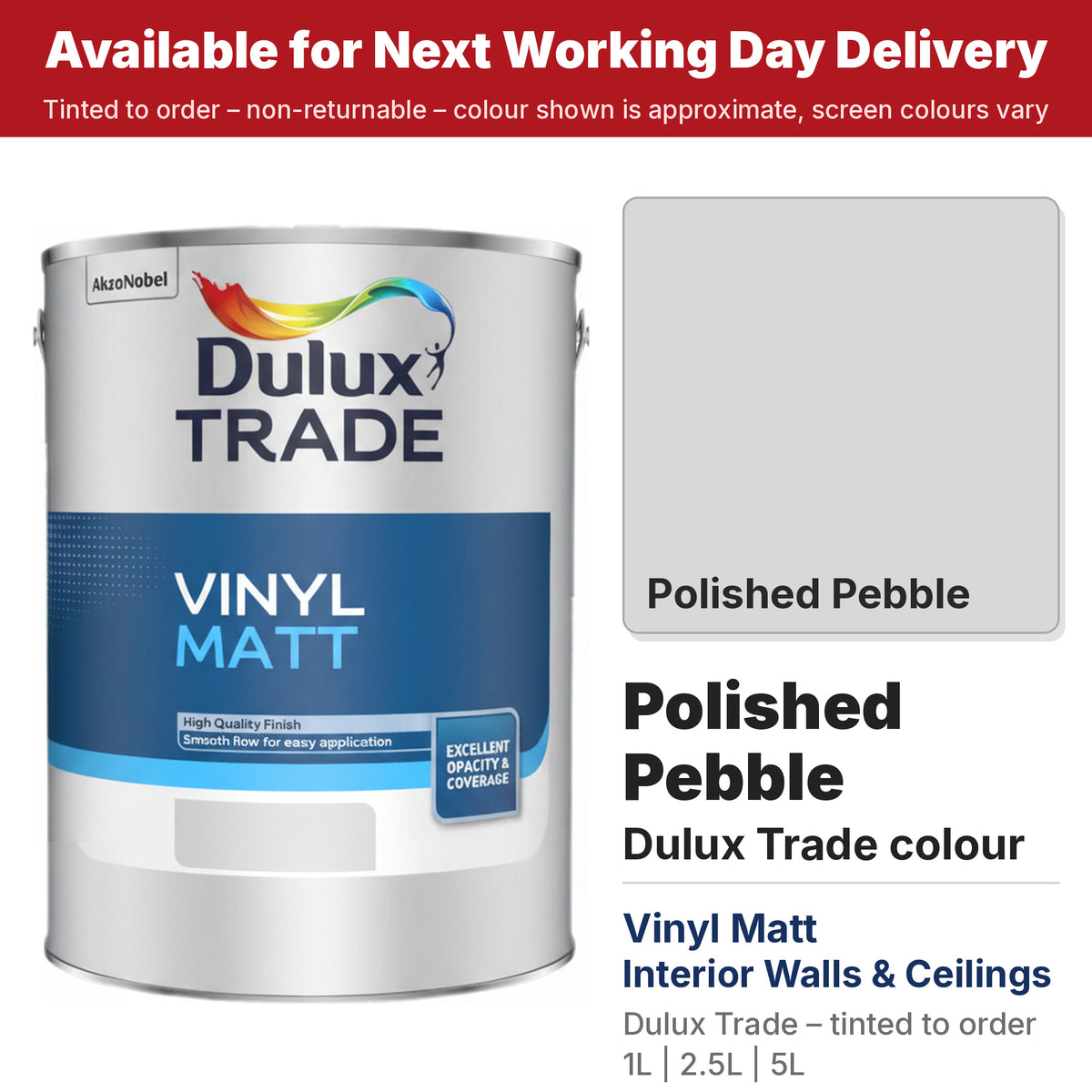 Dulux Trade Vinyl Matt tin with Polished Pebble colour swatch (#D8D8D7)